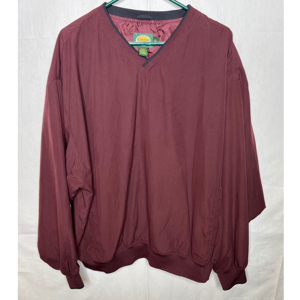 Cabelas Mens XL V-Neck Windshirt Pullover Jacket Burgundy Polyester 95-0356‎